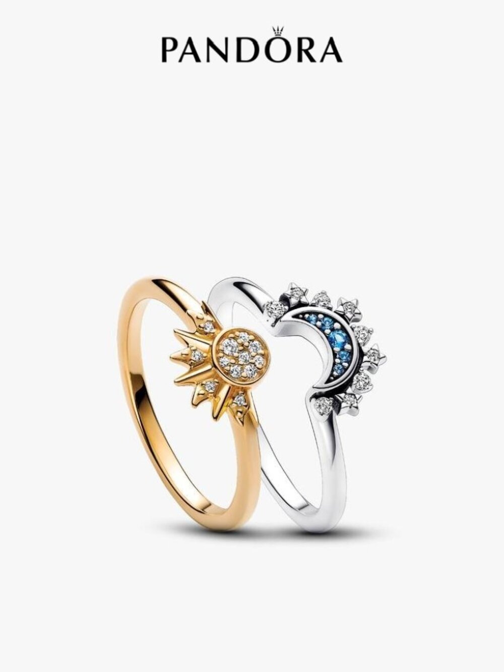 Pandora Celestial Sparkling Sun and Moon Ring Set
